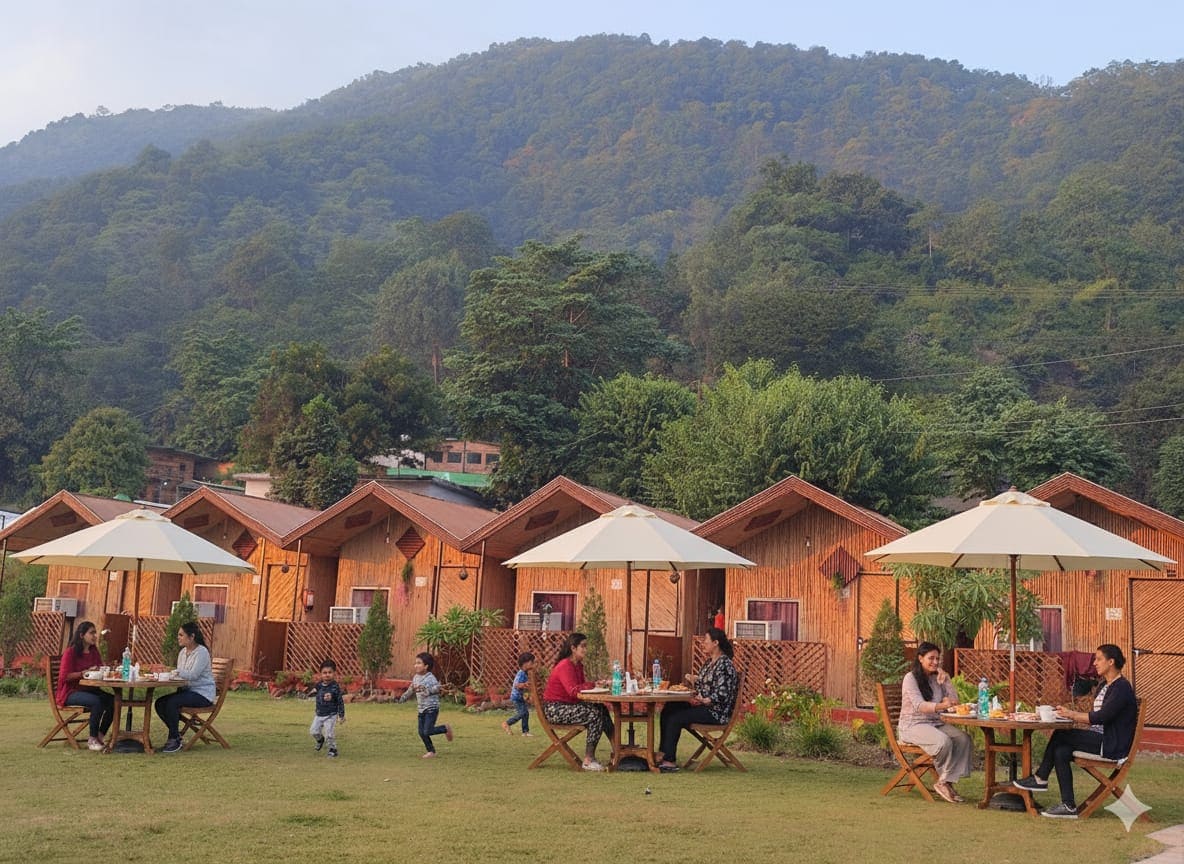 Lush green garden landscape at The Jungle Mist Resort Rishikesh