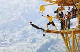 Thrilling bungee jump action shot at India's highest jump point in Rishikesh